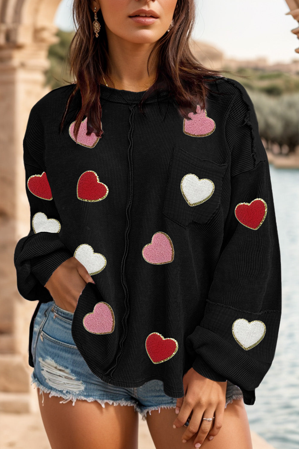 Plus Size Exposed Seam Heart Dropped Shoulder Sweatshirt - Babbazon sweatshirt