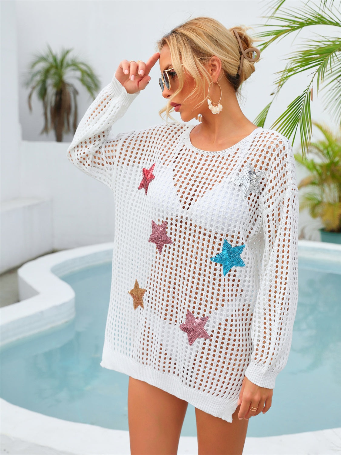 Sequin Star Round Neck Long Sleeve Cover Up 