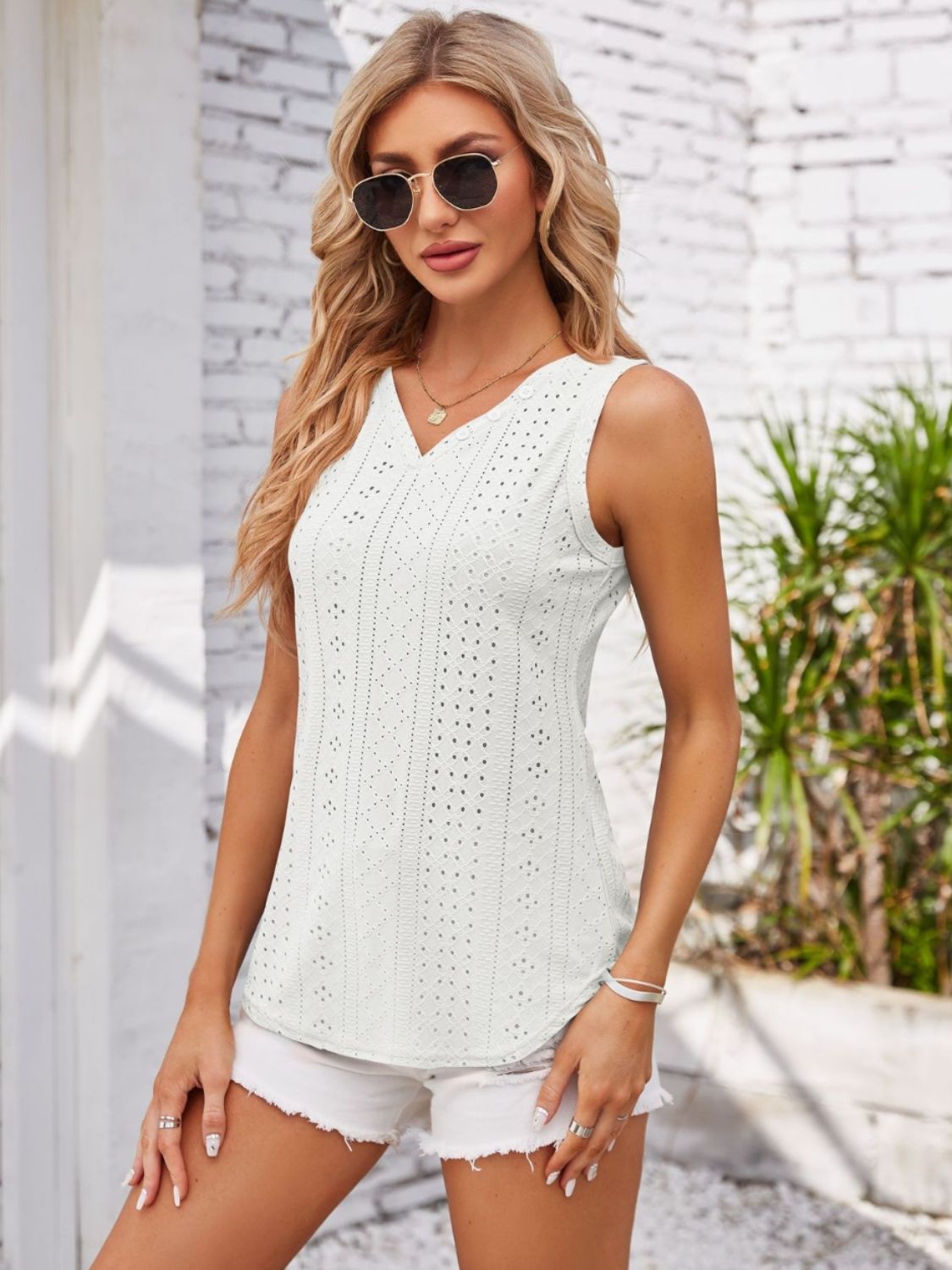 Eyelet Decorative Button V-Neck Tank 