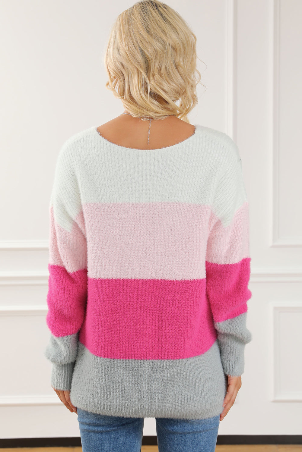 Color Block V-Neck Dropped Shoulder Sweater 