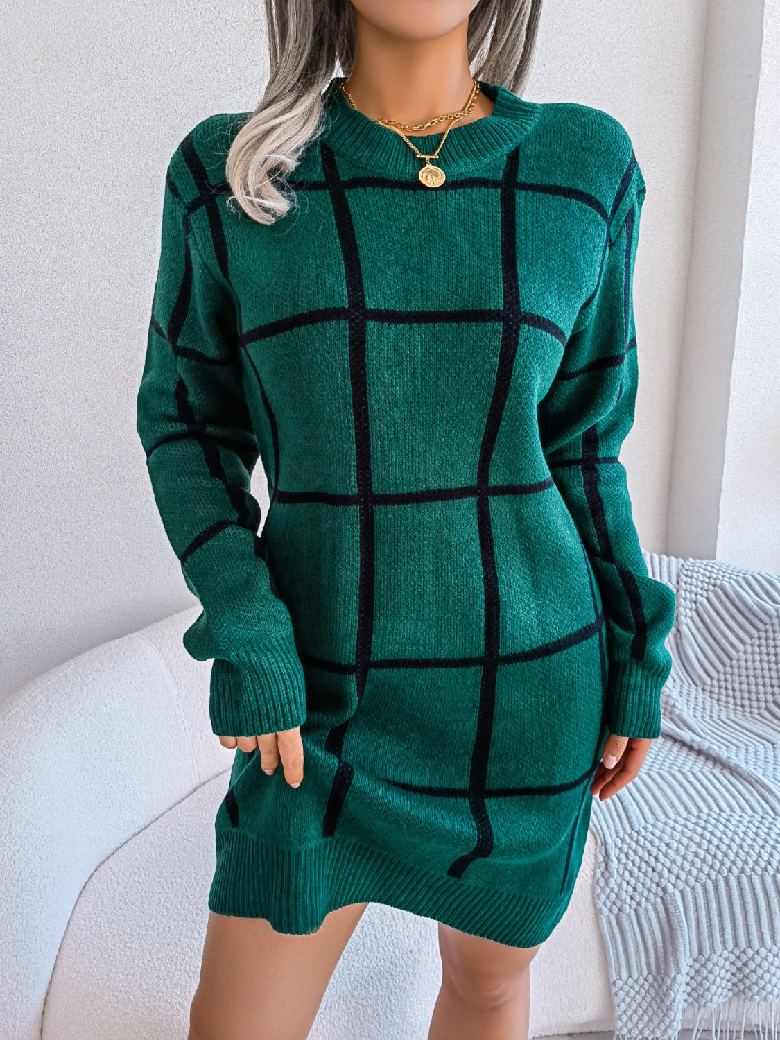 Plaid Round Neck Dropped Shoulder Sweater Dress 