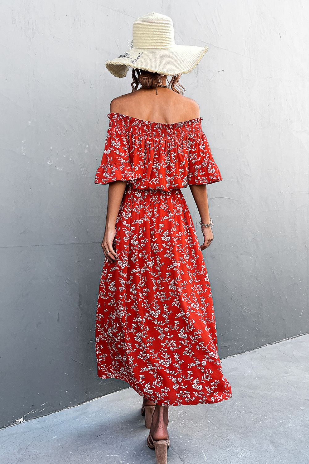 Floral Off-Shoulder Front Split Dress 