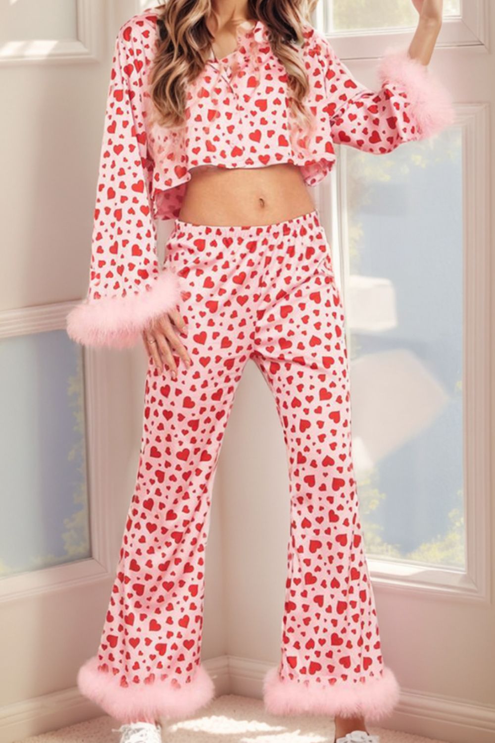 Fuzzy Trim Heart Print Cropped Top and Flare Pants Set 