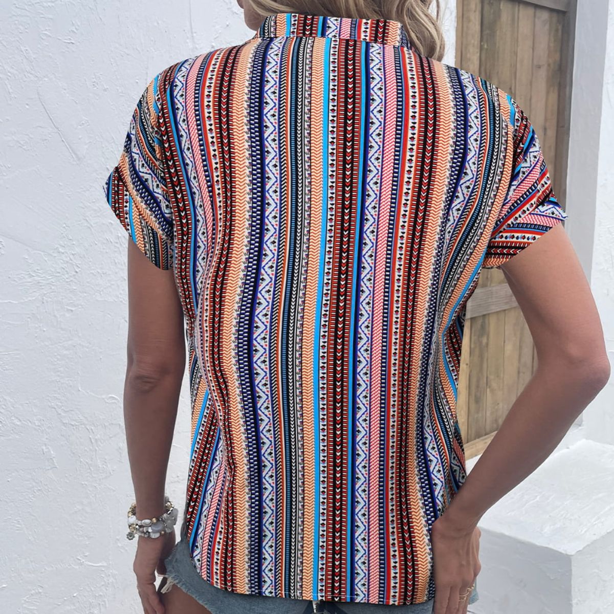 Multicolored Stripe Notched Neck Top 