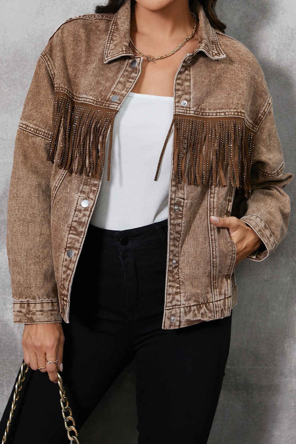 Fringe Trim Snap Down Denim Jacket 