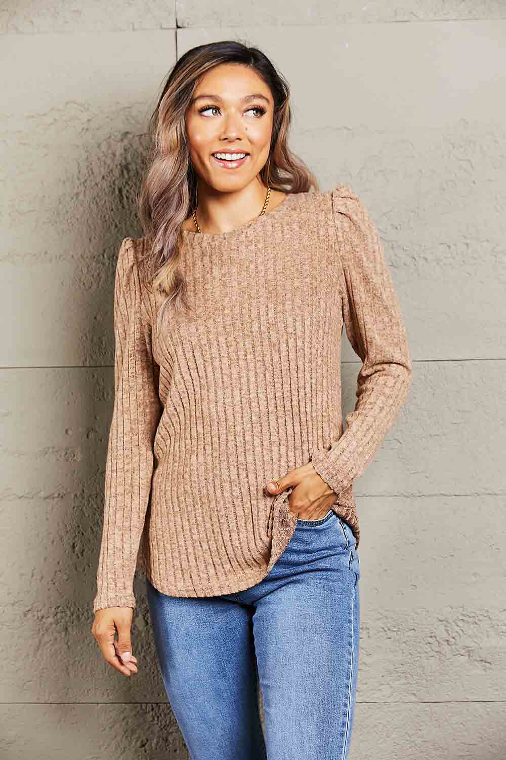 Double Take Round Neck Puff Sleeve Ribbed Top 