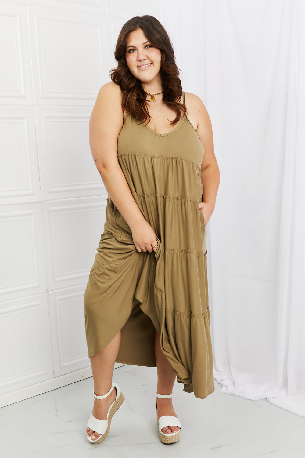 Zenana Full Size Spaghetti Strap Tiered Dress with Pockets in Khaki