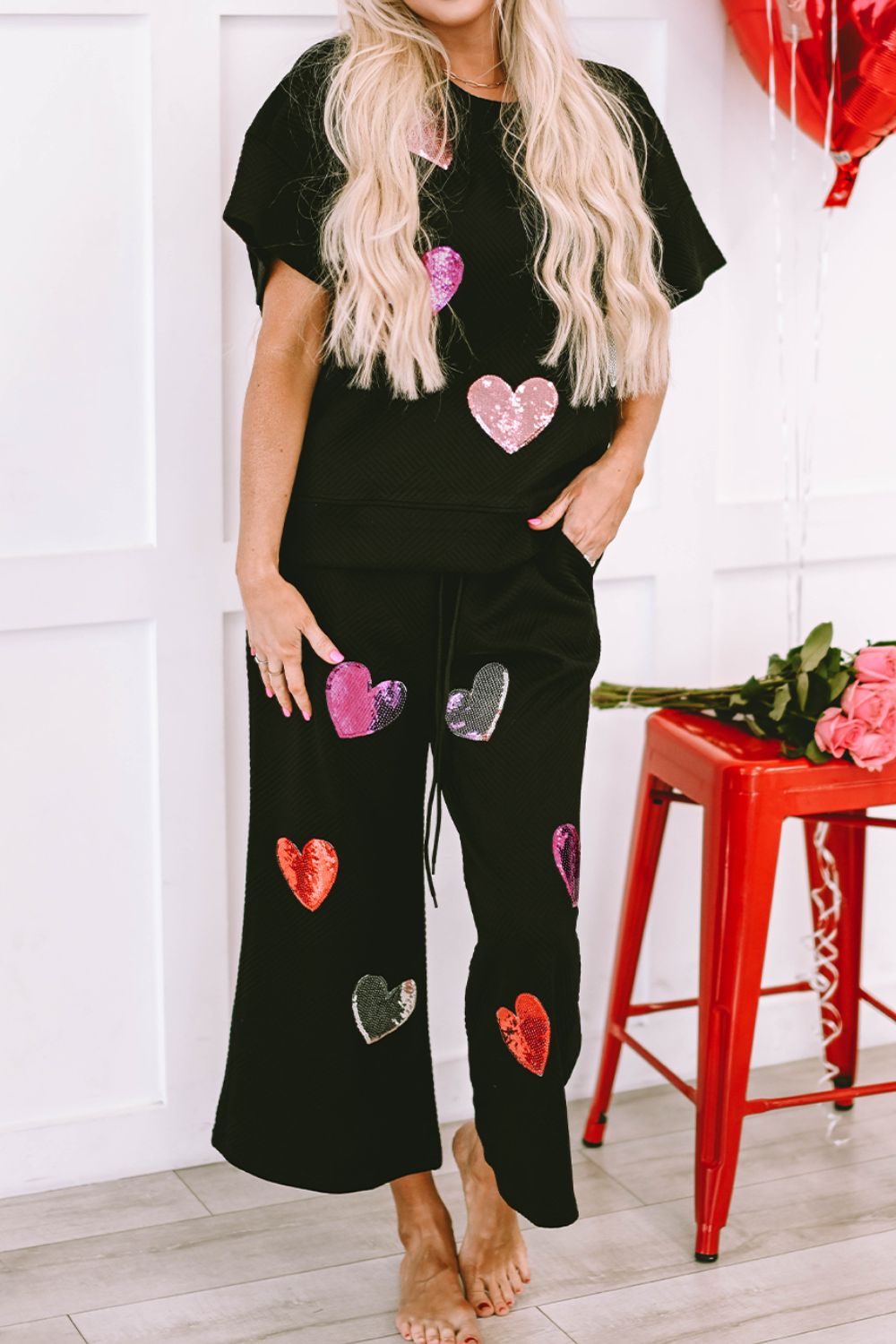 Heart Sequin Short Sleeve Top and Drawstring Pants Lounge Set - Babbazon Tops