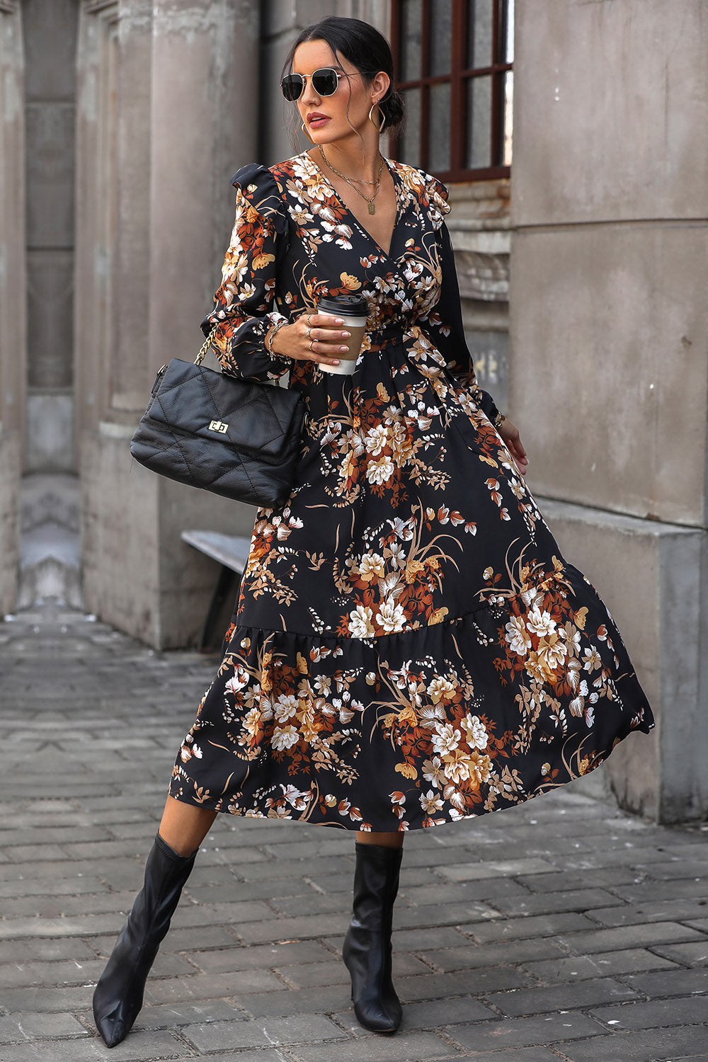 Floral Surplice Tie Front Ruffle Hem Midi Dress - Babbazon Midi Dress