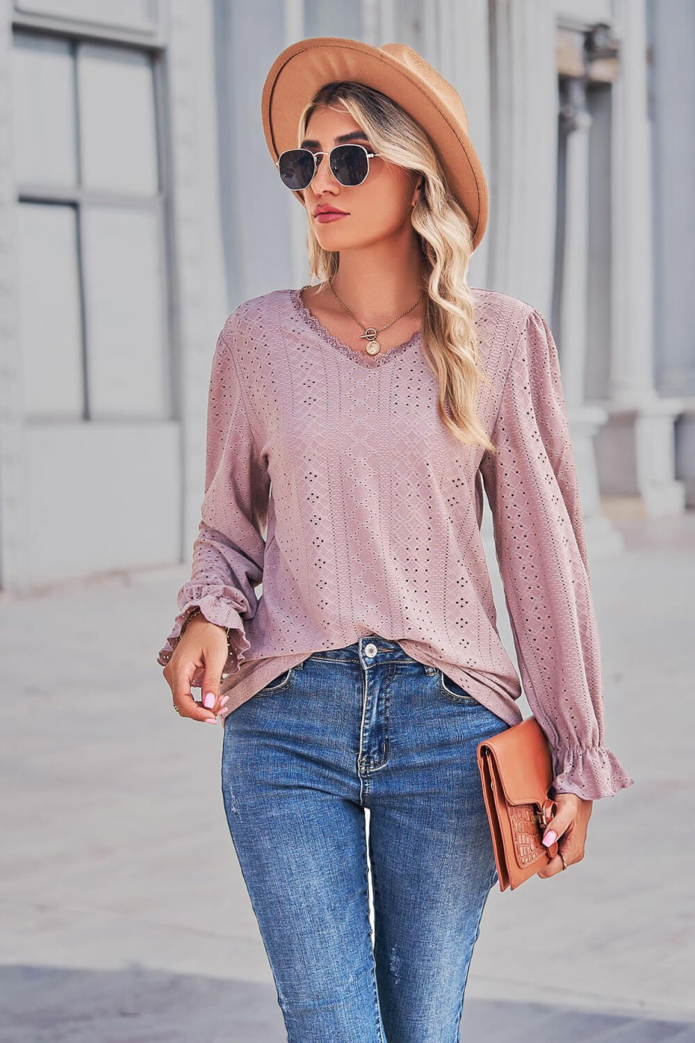 Lace Trim V-Neck Flounce Sleeve Top 