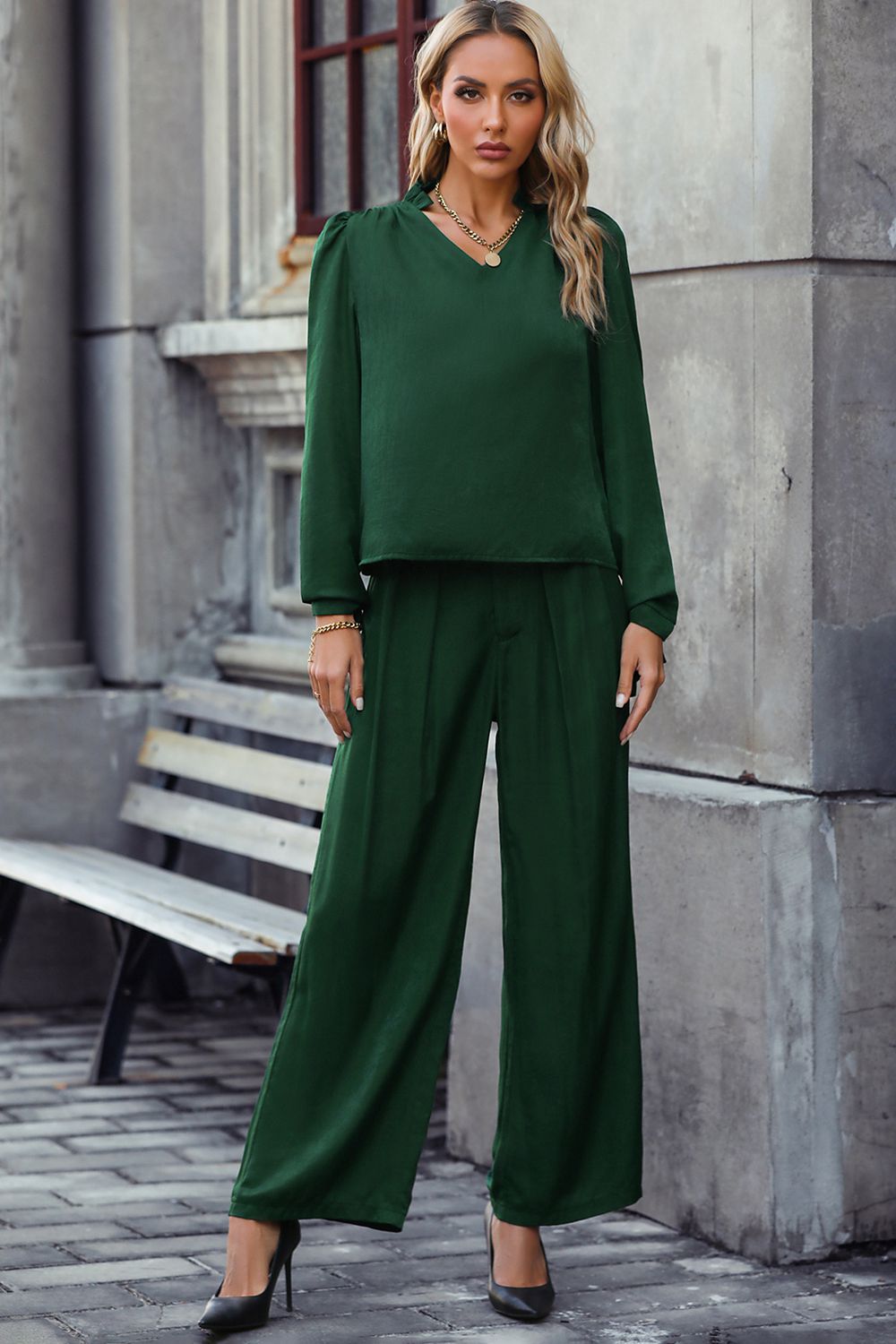 V-Neck Long Sleeve Top and Wide Leg Pants Set 