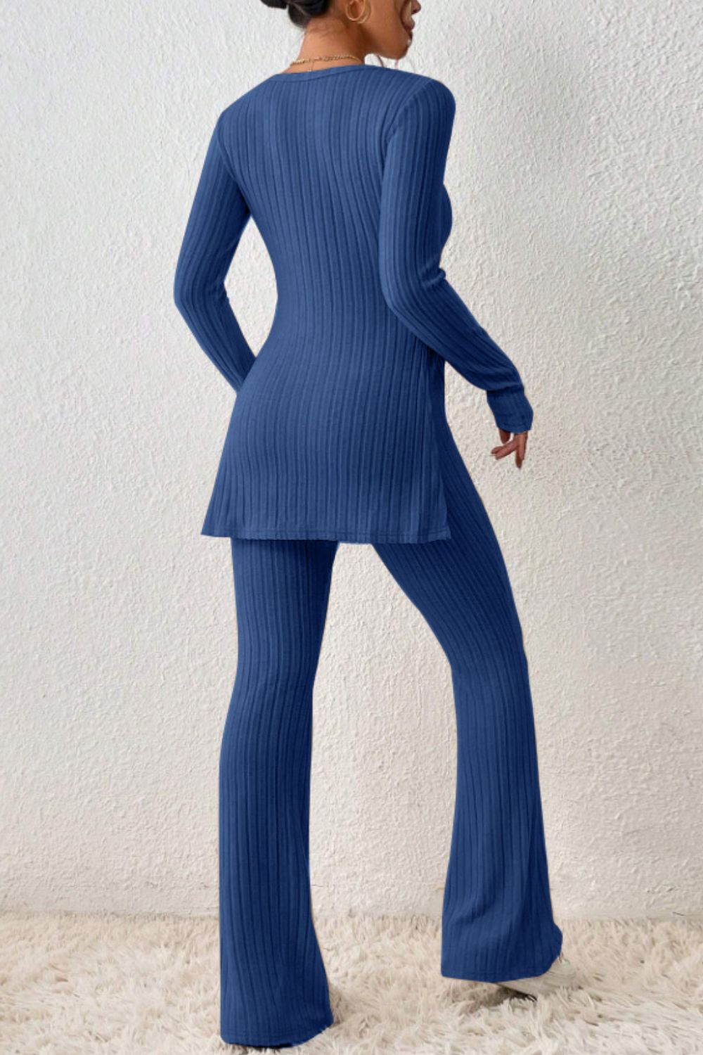 Ribbed Long Sleeve Slit Top and Bootcut Pants Set 