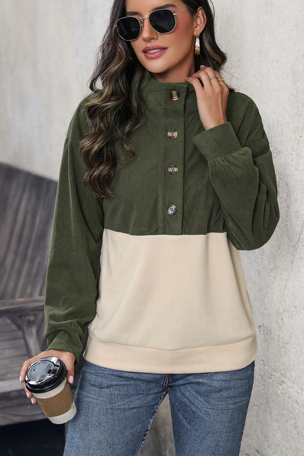 Ribbed Color Block Half Button Sweatshirt 