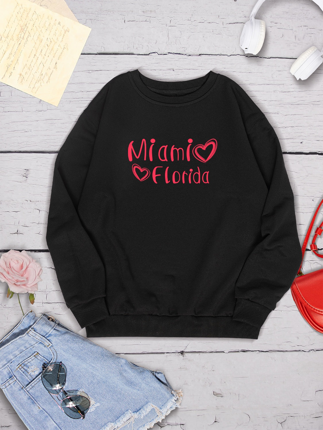 MIAMI FLORIDA Round Neck Dropped Shoulder Sweatshirt 