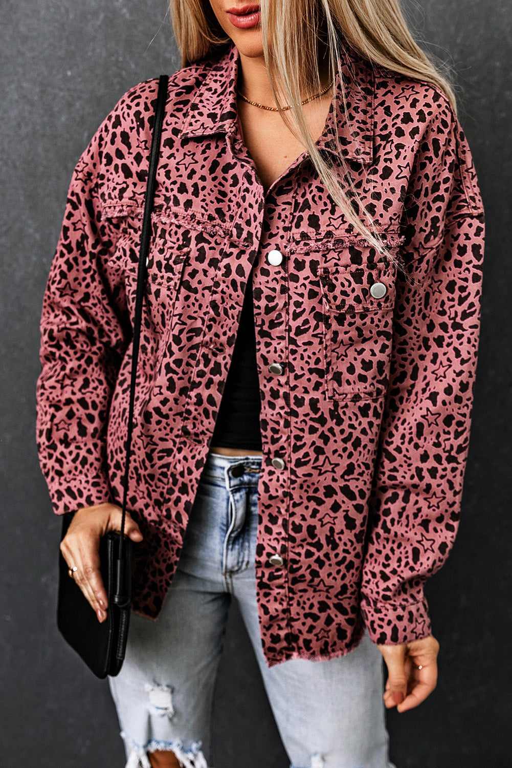 Leopard Raw Hem Button Up Denim Jacket 