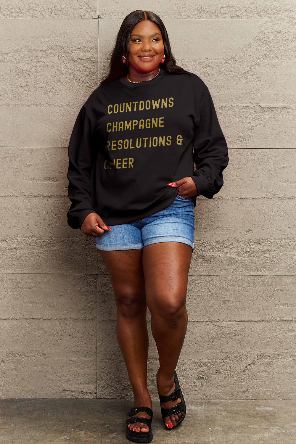 Simply Love Full Size COUNTDOWNS CHAMPAGNE RESOLUTIONS & CHEER Round Neck Sweatshirt 