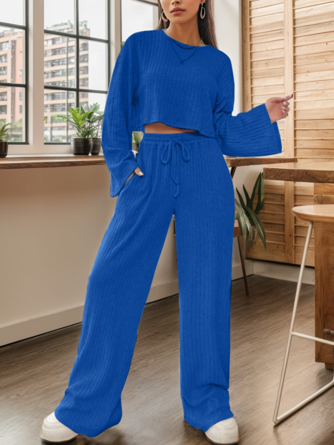 Ribbed Round Neck Top and Drawstring Pants Set 