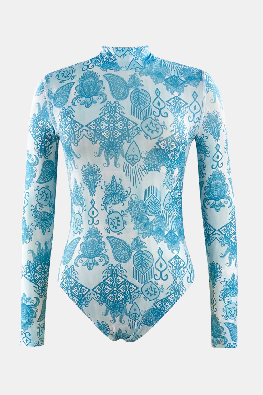 Printed Mock Neck Long Sleeve One-Piece Swimwear 