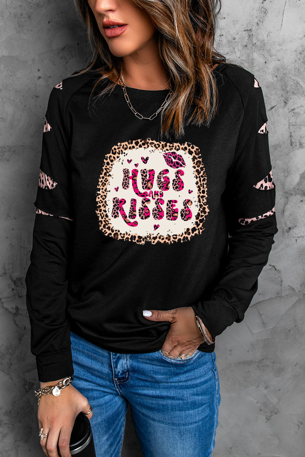 HUGS AND KISSES Leopard Round Neck Sweatshirt 