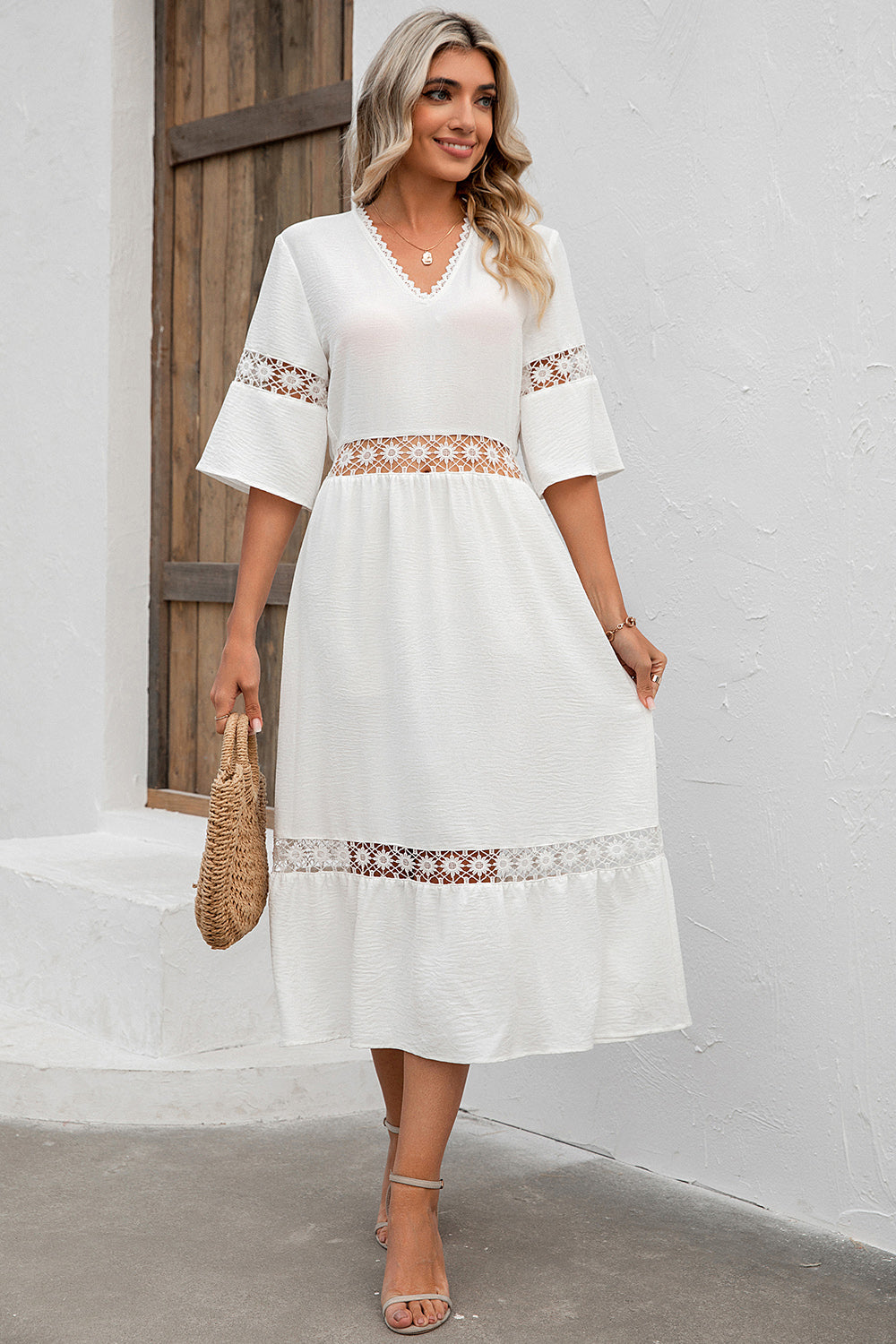 Cutout V-Neck Half Sleeve Midi Dress 