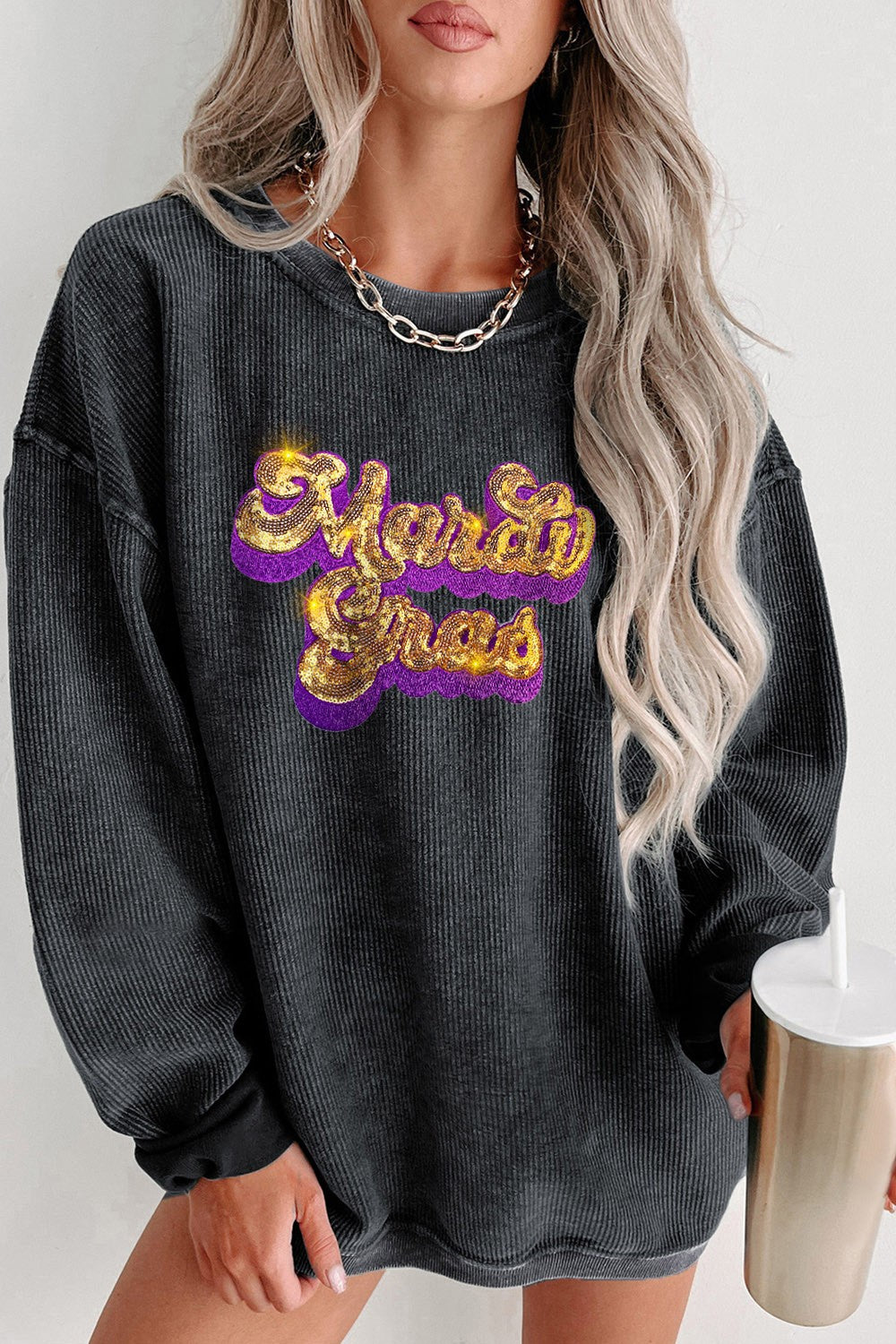 Sequin Mardi Gras Embroidered Round Neck Sweatshirt - Babbazon sweatshirt