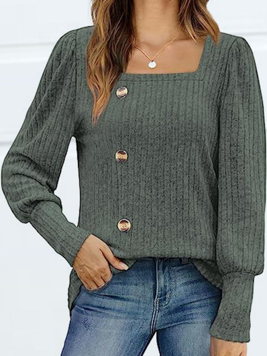 Decorative Button Square Neck Top 