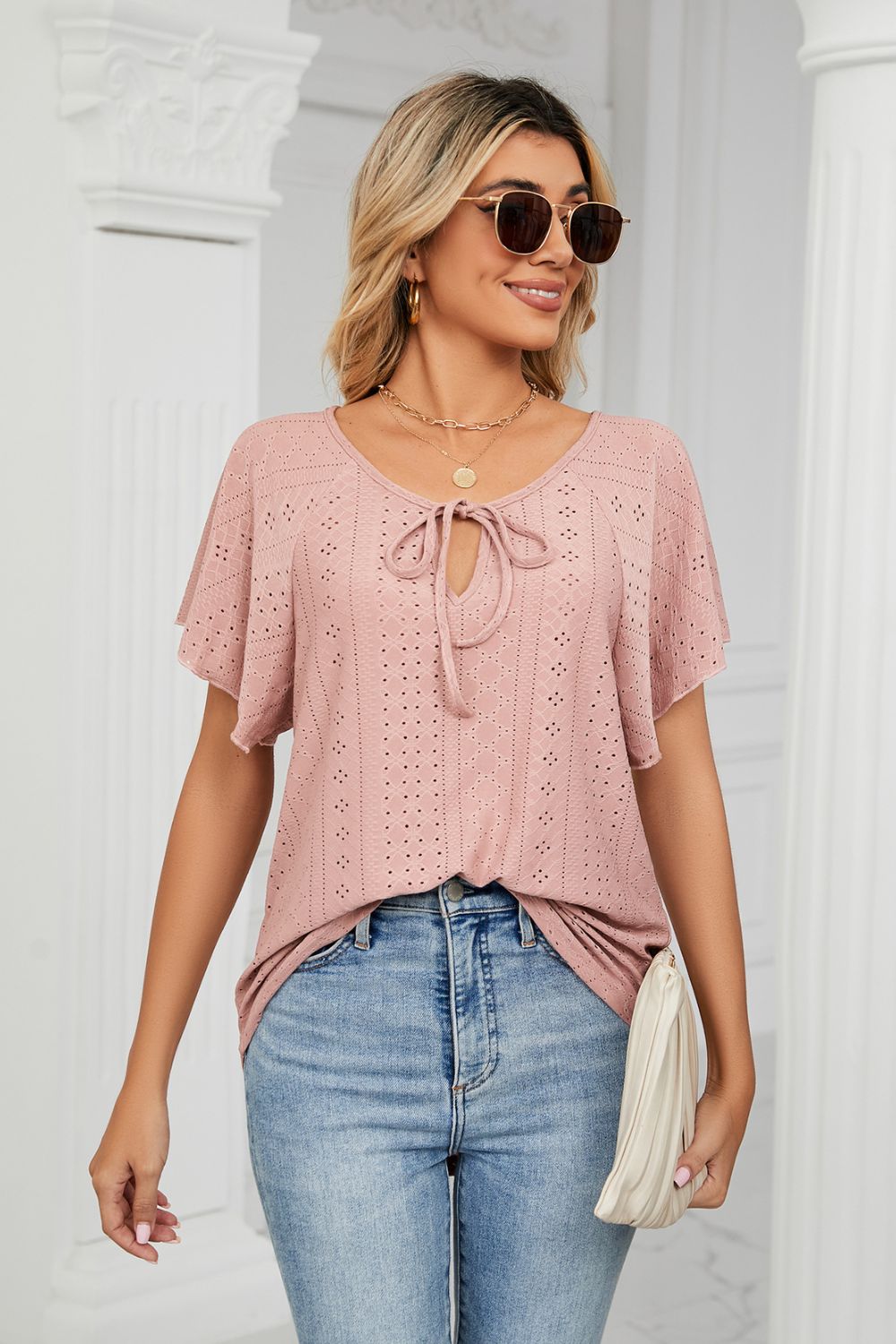 Eyelet Tie-Neck Flutter Sleeve Top 