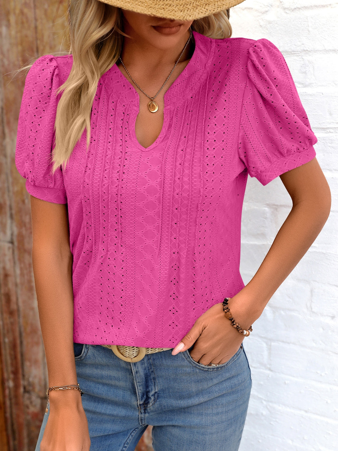 Eyelet Notched Puff Sleeve T-Shirt