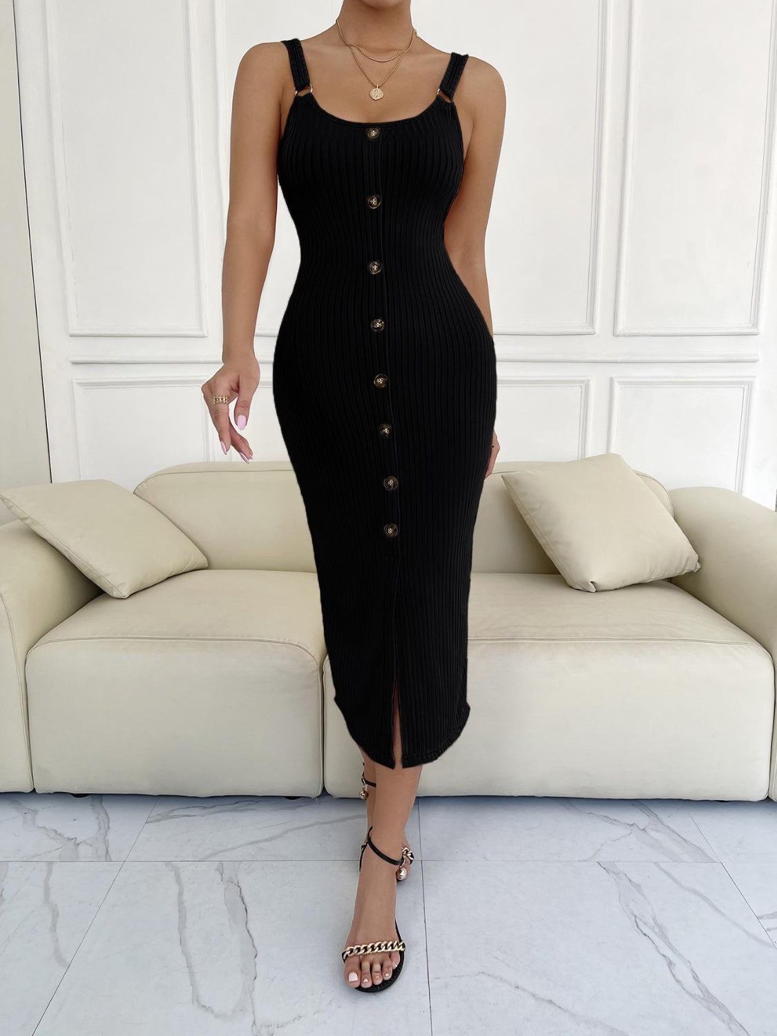 Ribbed Slit Decorative Button Cami Dress - Babbazon Midi Dress