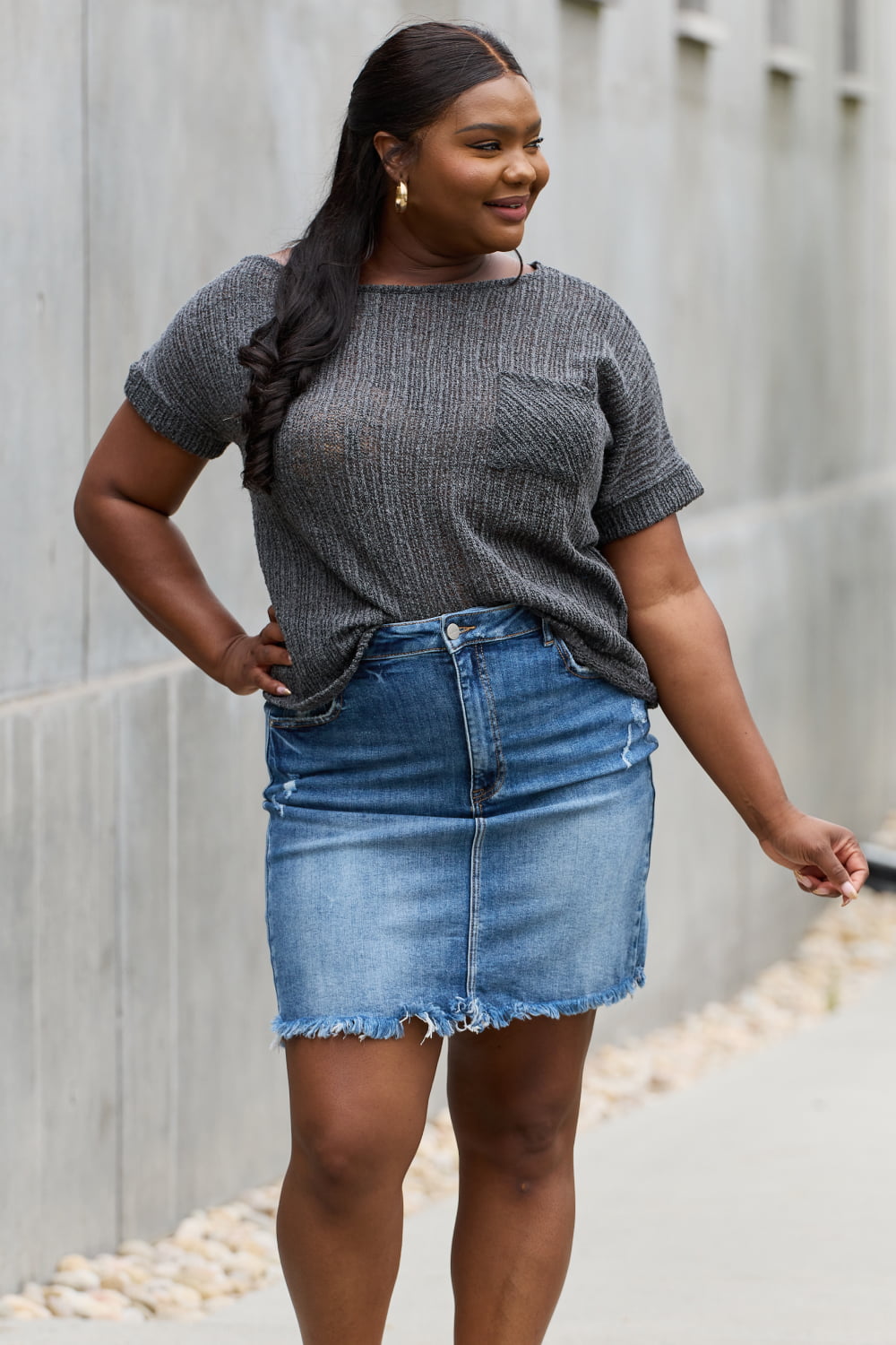 e.Luna Full Size Chunky Knit Short Sleeve Top in Gray 