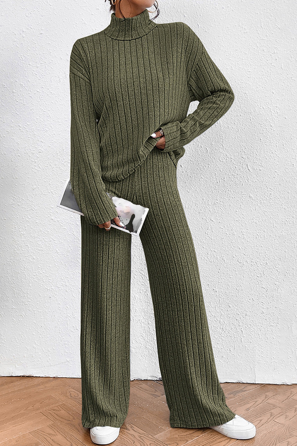 Ribbed Mock Neck Top and Pants Set 