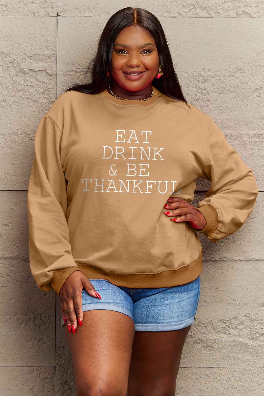 Simply Love Full Size EAT DRINK & BE THANKFUL Round Neck Sweatshirt 