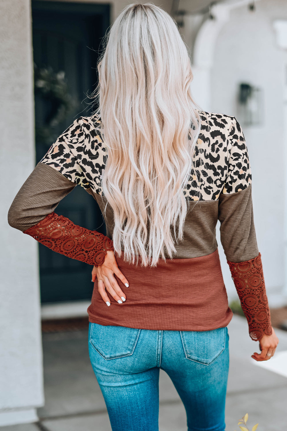 Leopard Print Lace-Up Spliced Lace Top 