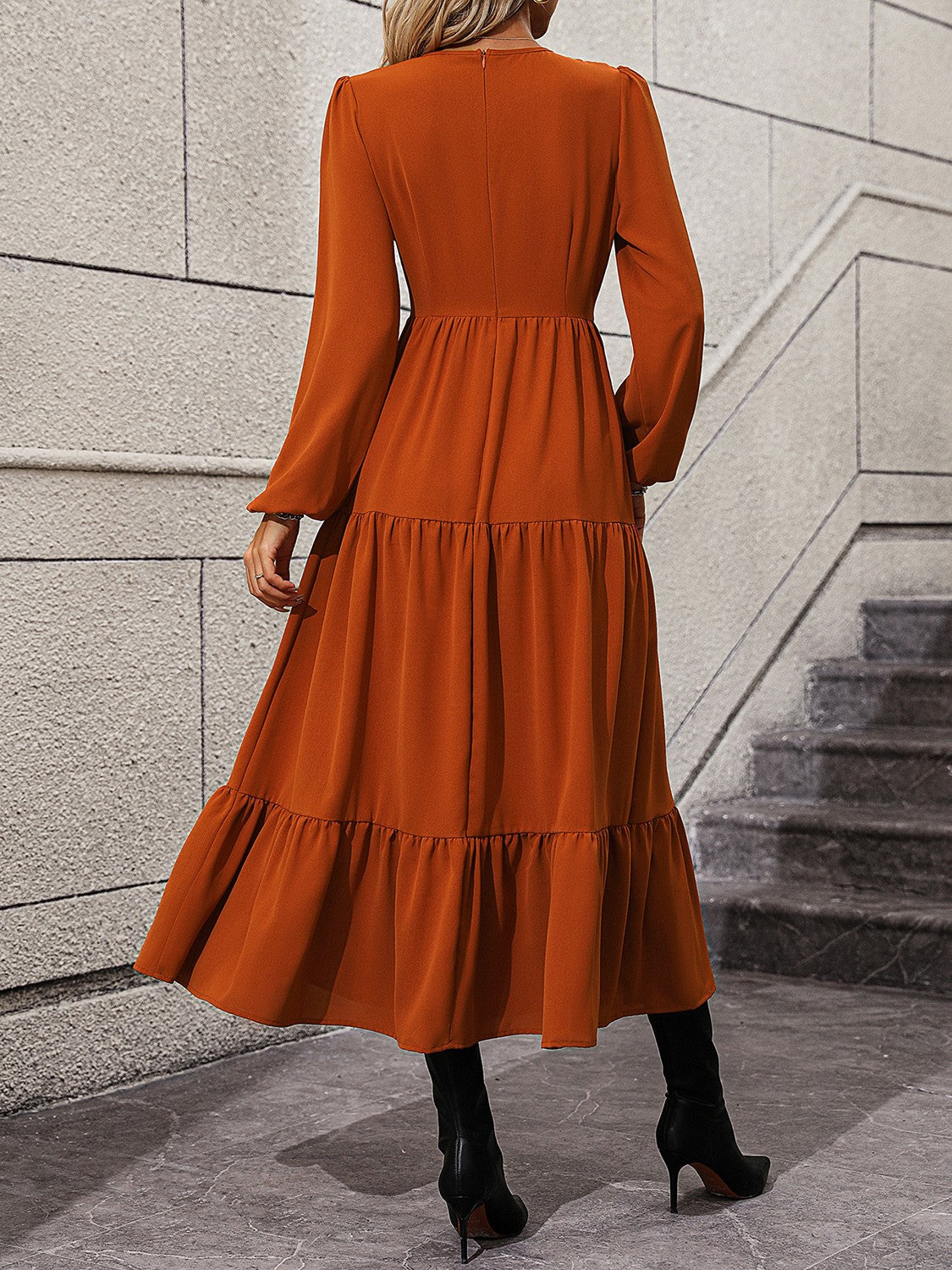 V-Neck Long Sleeve Tiered Dress 