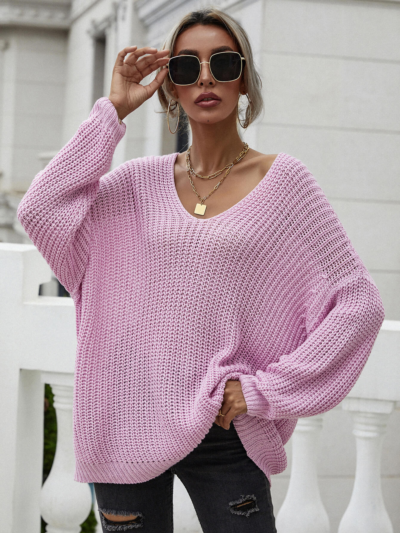 Rib-Knit Drop Shoulder V-Neck Pullover Sweater 