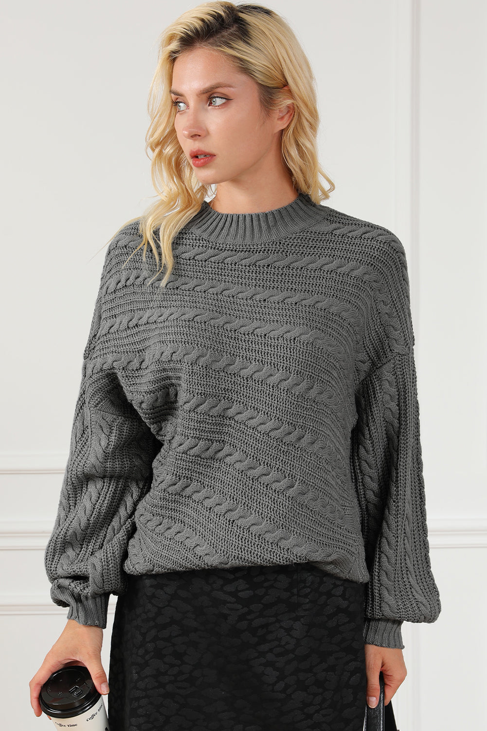 Cable-Knit Mock Neck Dropped Shoulder Sweater 