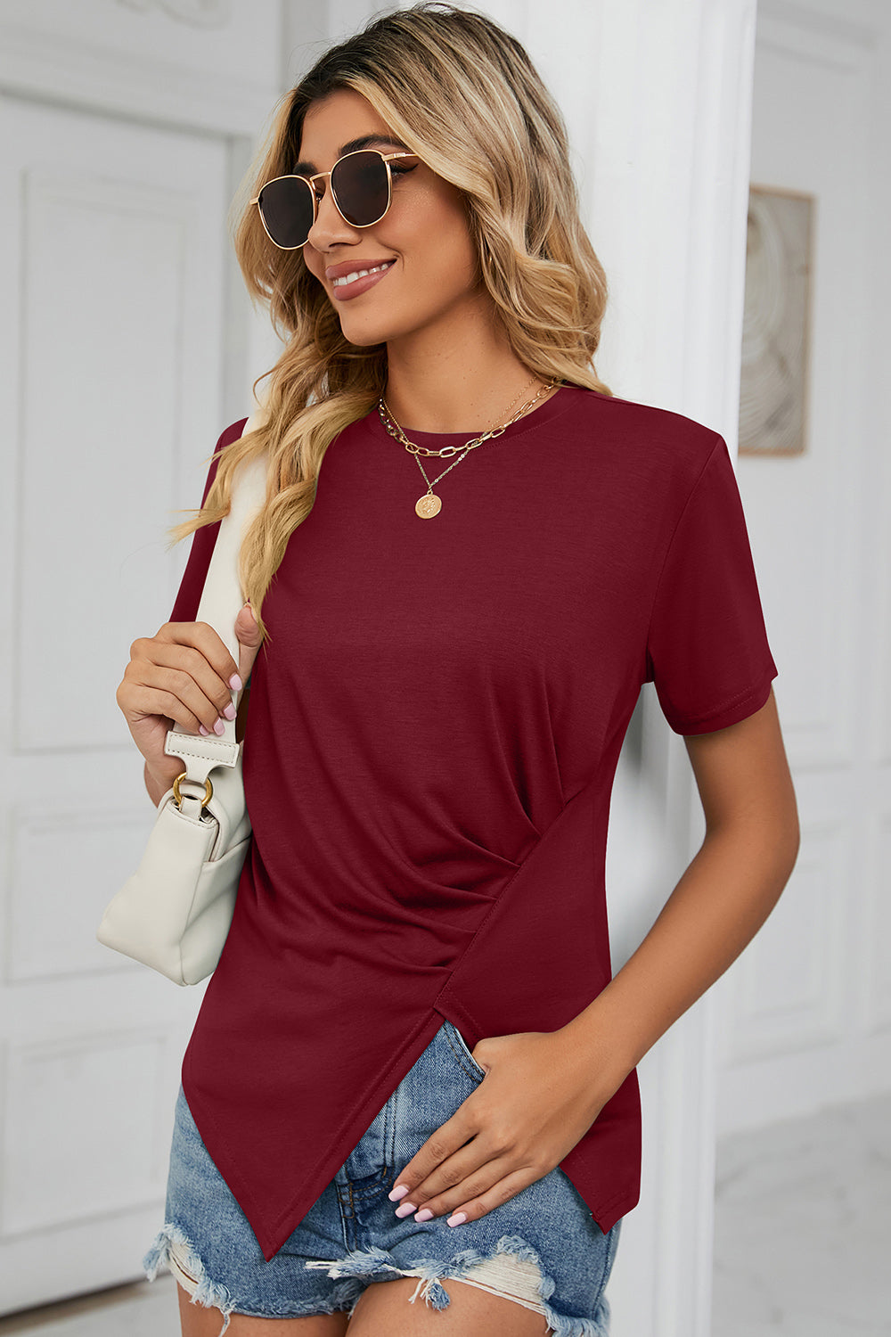 Ruched Round Neck Short Sleeve T-Shirt 