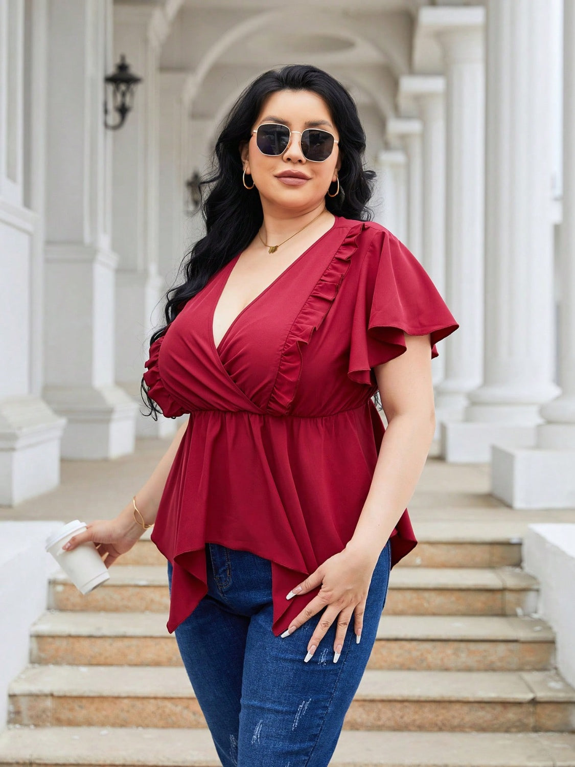 Plus Size Frill Surplice Flutter Sleeve Blouse 