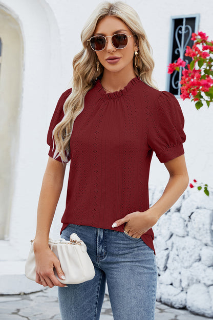 Eyelet Frill Mock Neck Short Sleeve Top 