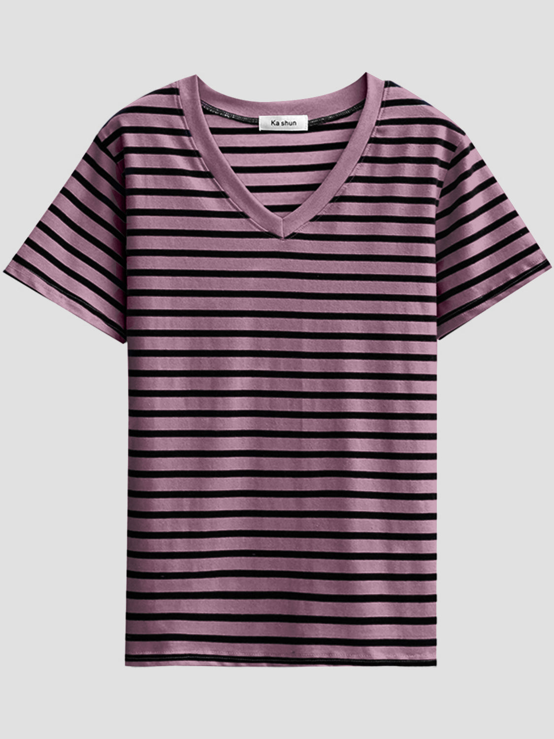 Plus Size Striped V-Neck Short Sleeve T-Shirt - Babbazon Tops