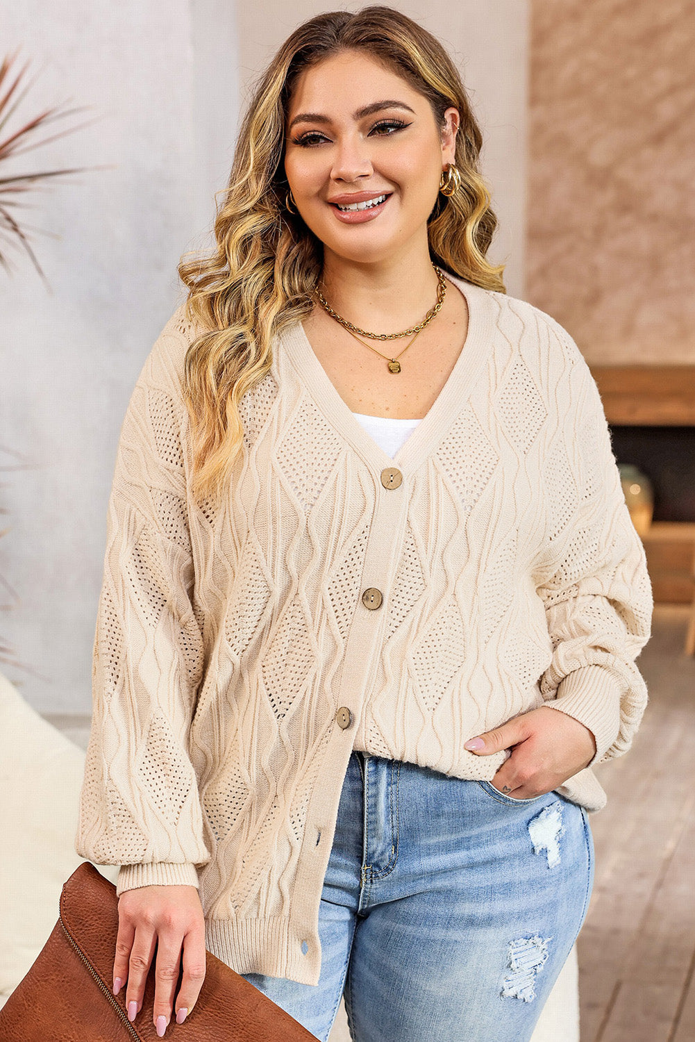 Plus Size Cable-Knit Button Up Sweater 