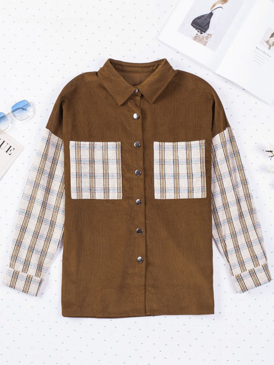 Plaid Corduroy Shirt Jacket with Pockets 