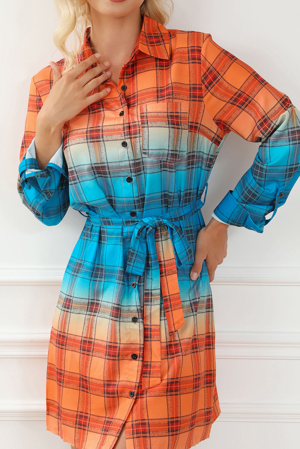 Plaid Button Up Tie-Waist Dress 