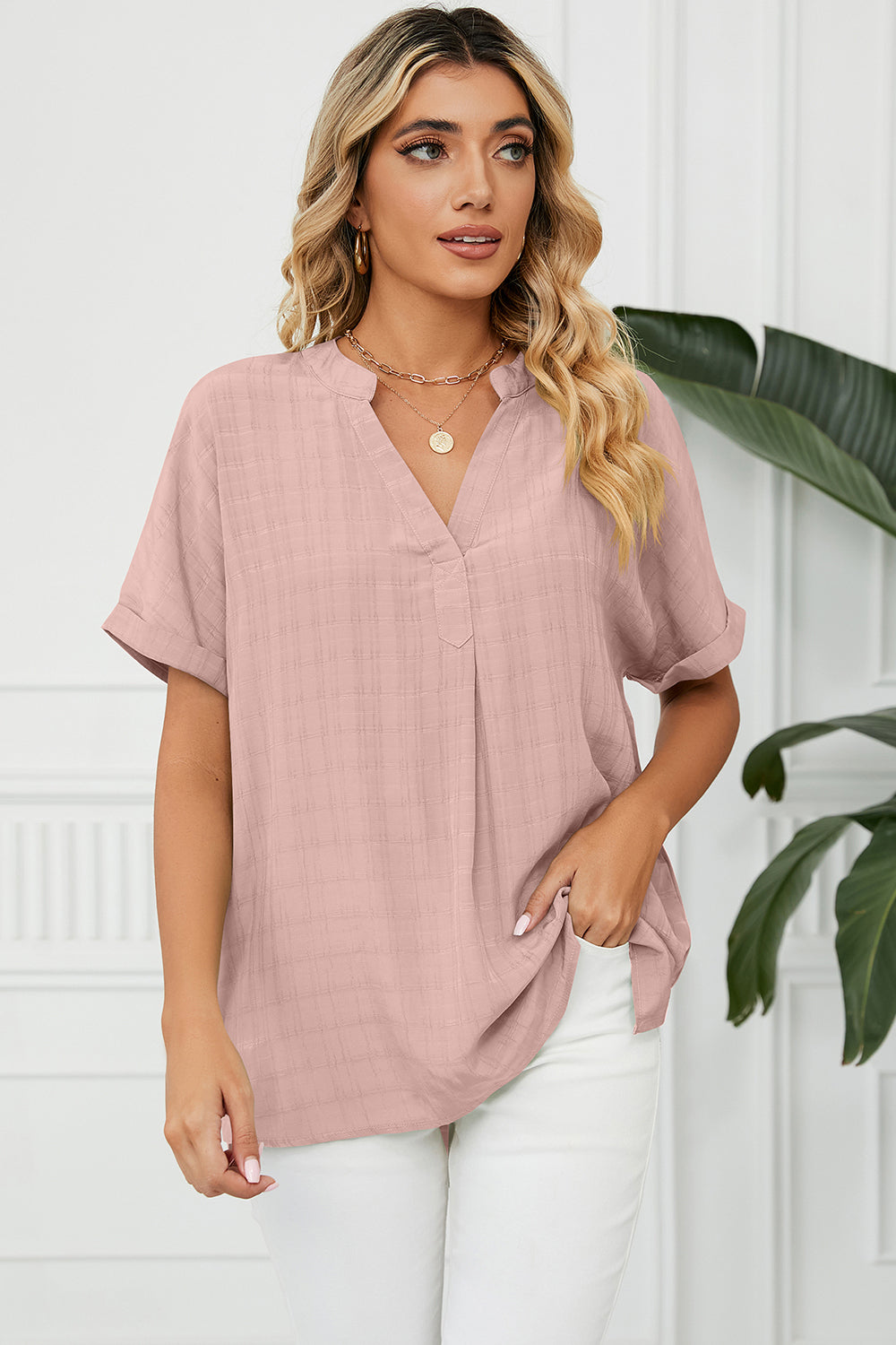 Ruched Notched Short Sleeve Blouse - Babbazon Camisole