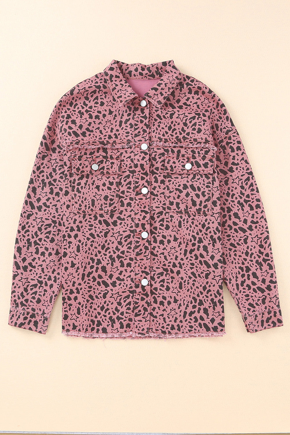 Leopard Raw Hem Button Up Denim Jacket 