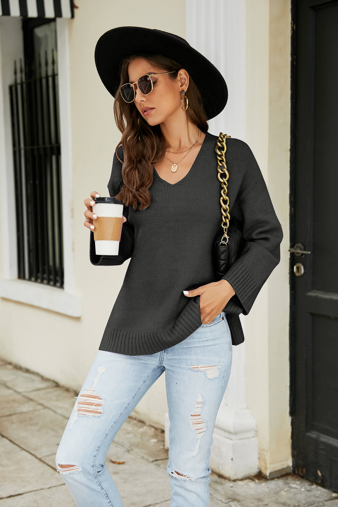 Drop Shoulder V-Neck Knit Pullover 