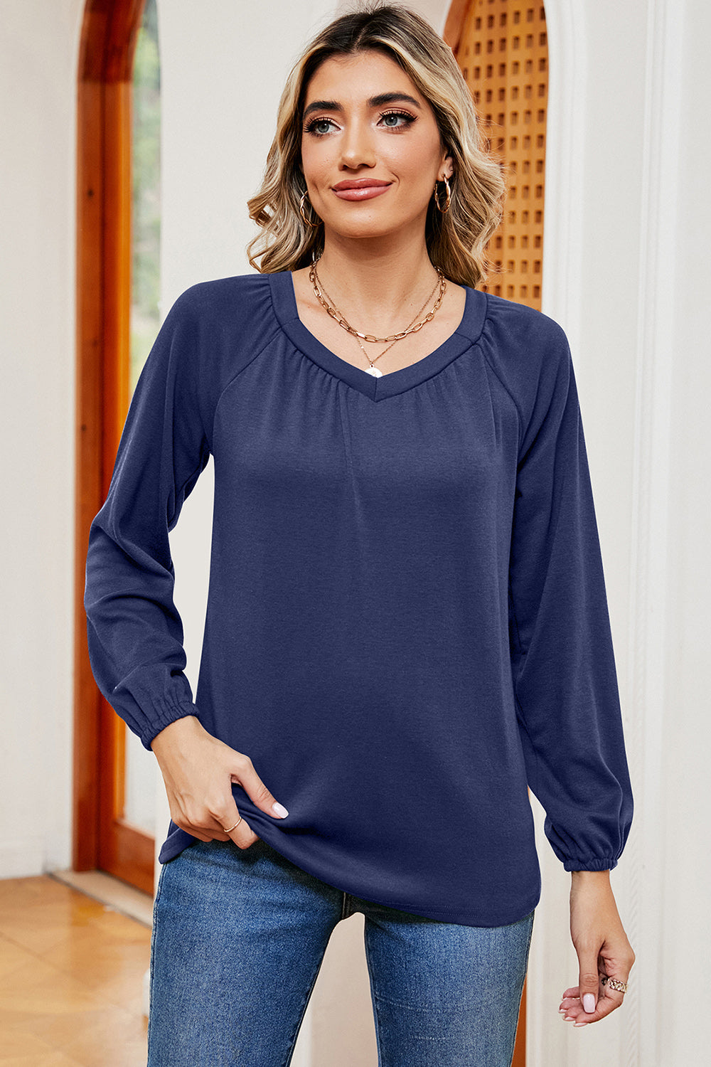 Ruched V-Neck Raglan Sleeve T-Shirt 