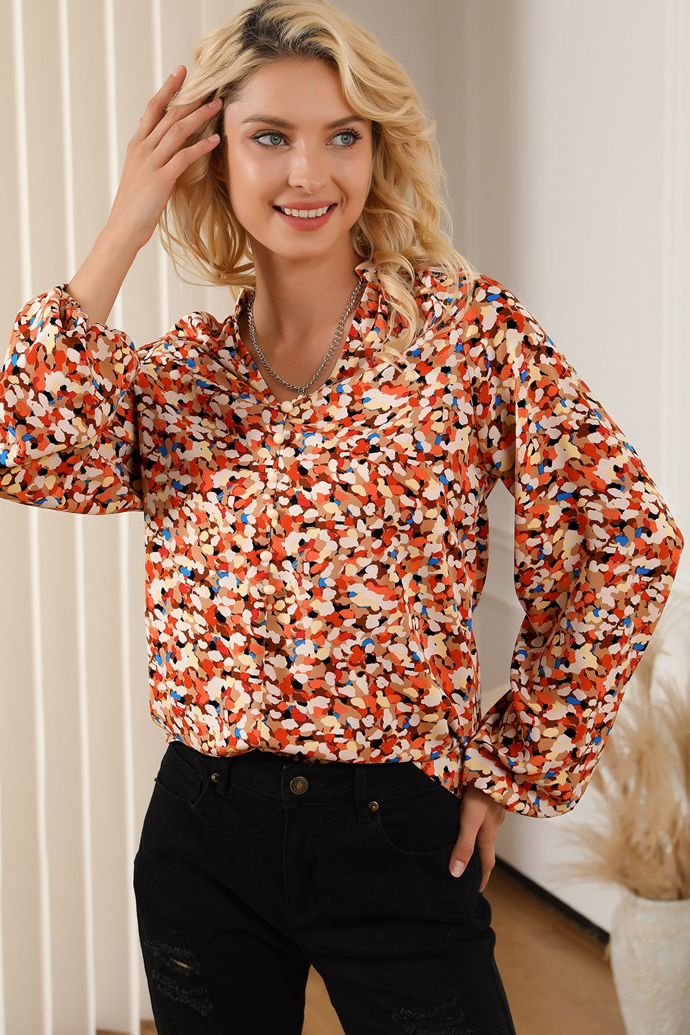 Printed Notched Balloon Sleeve Blouse 