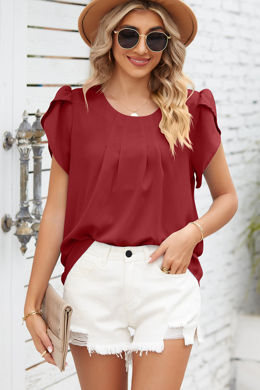 Round Neck Short Sleeve Ruched Top 