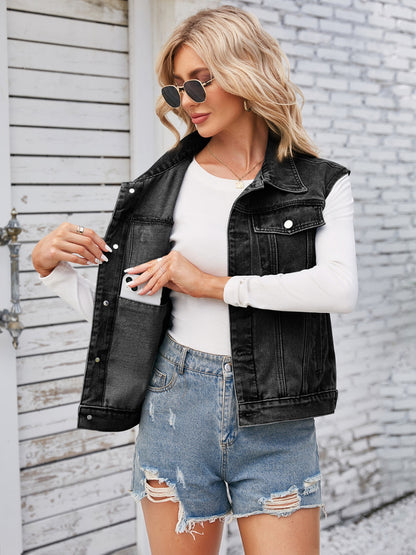 Button Up Cap Sleeve Denim Jacket 